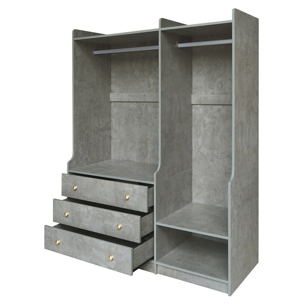 English Elm Open Open Wooden Wardrobe with 2 Rods, 5 Shelves & 3 Drawers — Modern Gray White Storage Solution N820S00021E
