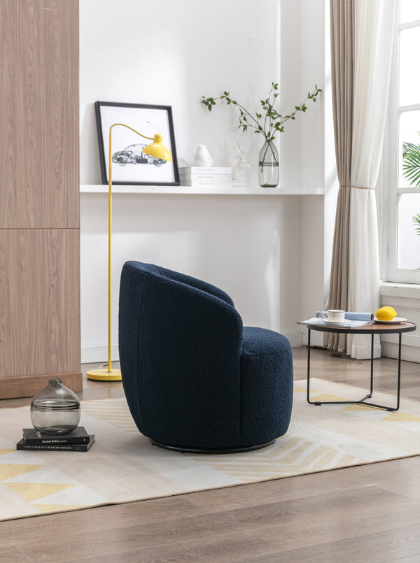English Elm Teddy Plush Swivel Accent Armchair in Dark Blue — Ergonomic Barrel Seat, 360° Swivel, Sturdy Base W52747506