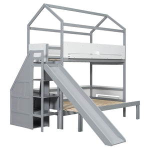 English Elm House-shaped Pine Bunk Bed with Built-in Slide Storage Staircase Twin Over Full Kids Frame Grey+White N820S00082E