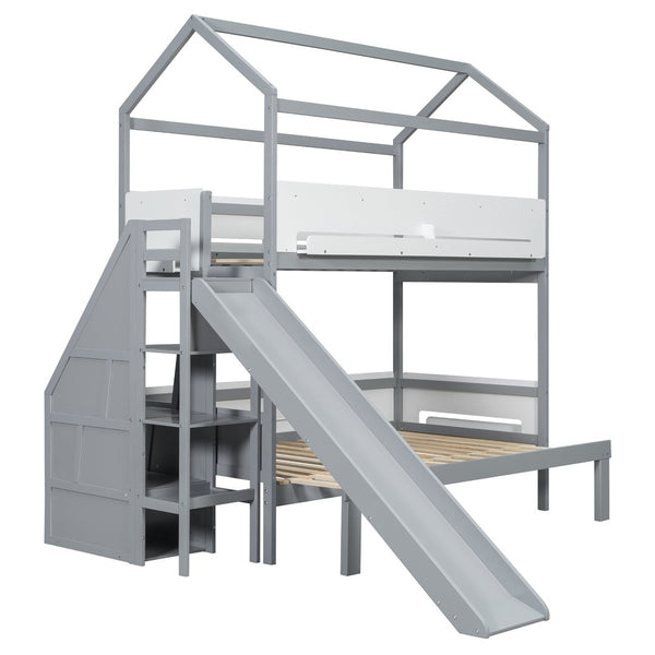 English Elm House-shaped Pine Bunk Bed with Built-in Slide Storage Staircase Twin Over Full Kids Frame Grey+White N820S00082E
