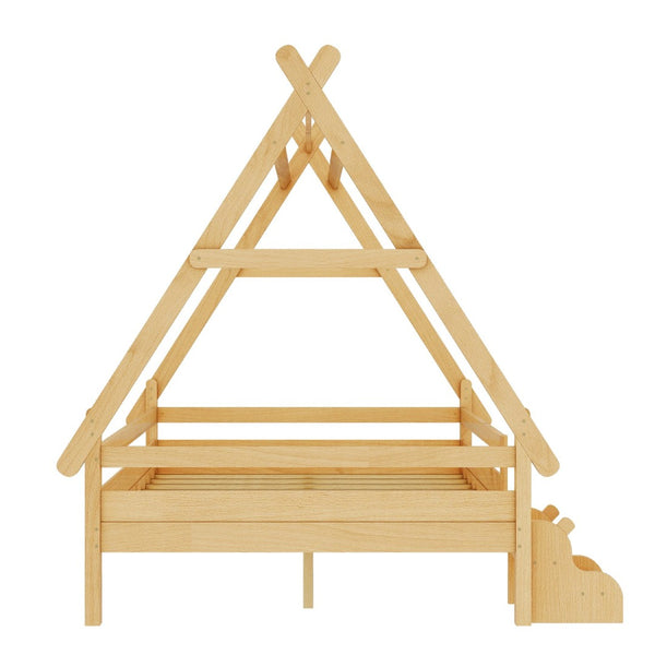 English Elm Twin House Shaped Platform Bed Solid Pine Frame with Built in Stairs for Kids Natural W1580P354721