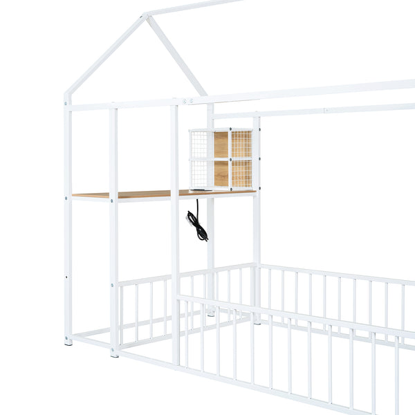 English Elm Twin House Bed Frame with Roof & Fence, Metal Twin Loft with Built-In Desk Shelves USB Outlets White N737P173490K