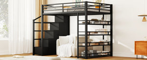 English Elm Queen Metal Loft Bed with Wardrobe Shelves and Staircase Storage in Matte Black N7090004203B