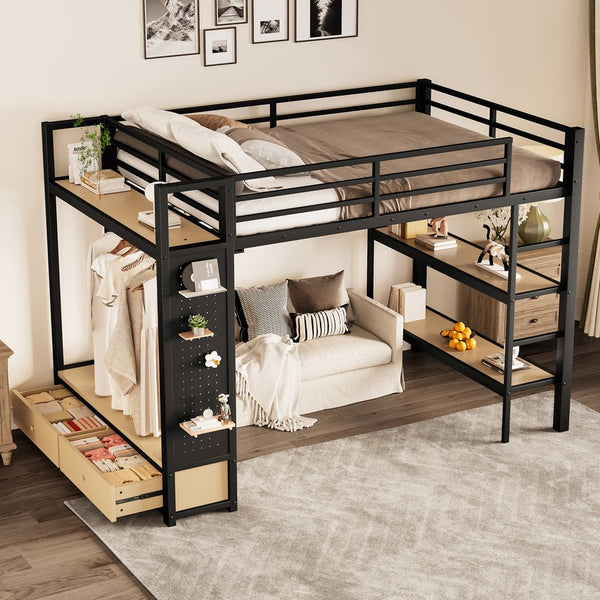 English Elm Full Size Loft Bed Frame With Integrated Wardrobe, Storage Shelves, And Pegboard For Smart Living W1580S00232