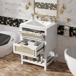 English Elm 24" Rattan Front Bathroom Vanity with Ceramic Sink Deep Drawer Storage Mdf Cabinet White N710P293990K