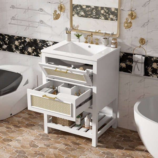 English Elm 24" Rattan Front Bathroom Vanity with Ceramic Sink Deep Drawer Storage Mdf Cabinet White N710P293990K