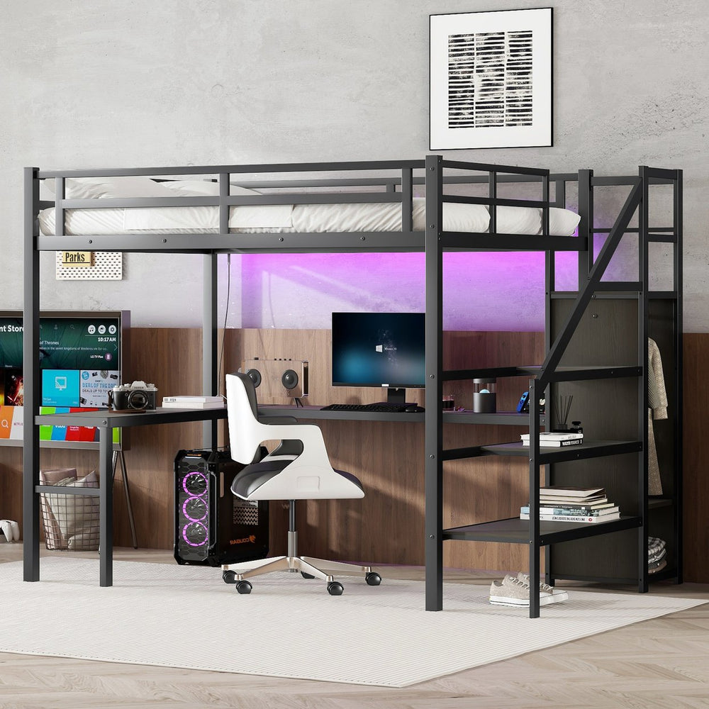 English Elm Full Xl Metal Loft Bed With L-Shaped Desk, Usb Ports & Led Light - Ideal Space-Saving Solution! W1580S00047