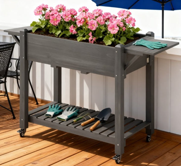 English Elm Convenient Carbonized Fir Wood Raised Planter Box with Wheels Side Tables and Storage T3971P423497