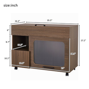 English Elm 2 IN 1 Multi-use Cat Litter Box Enclosure Walnut Side Table with Storage, Mid-Century Modern Buffet Cabinet, Flip-Up Door, Rollers, Large Capacity — 35.5"L x16.3"W x27.2"H N843P254845W