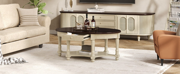 English Elm Vintage Oval Coffee Table With Drawer & Storage Shelf - French Country Charm For Living Rooms N735P277388K-GIGA