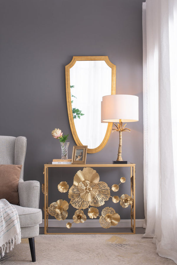 English Elm D16x31" Gold Leaf Lamp with Marble Base and White Drum Shade — Modern Palm Accent for Tables, Mantels W2078S00018