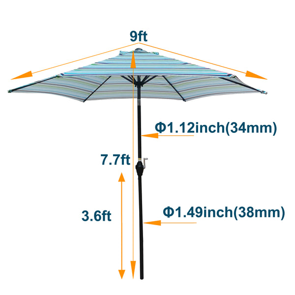 English Elm 9FT Outdoor Patio Umbrella with 108" Hex Canopy, Crank Lift & Tilt, UV40+ Weather-Resistant Steel Pole Blue striped W65632235