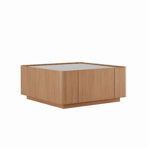 English Elm 31.5-inch Square Walnut Coffee Table Tempered Glass Top with Hidden Storage Drawers W2263P458486