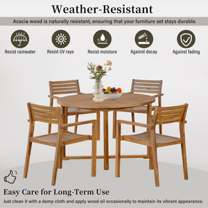 English Elm U_style Solid Acacia Wood Round Outdoor Dining Set Seats Four with Slatted Design Natural WY000475AAO