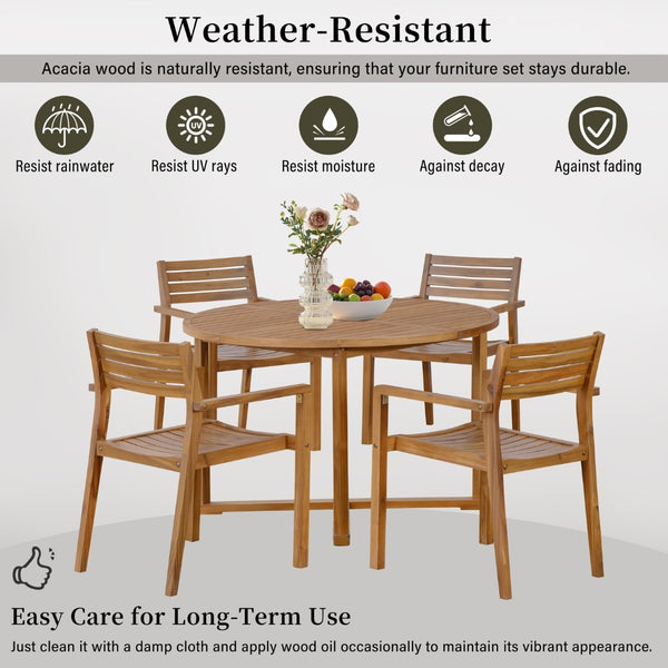 English Elm U_style Solid Acacia Wood Round Outdoor Dining Set Seats Four with Slatted Design Natural WY000475AAO