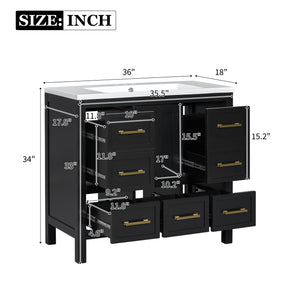 English Elm 36'' Bathroom Vanity with Resin Sink, Solid Wood Frame, 5 Drawers, Soft-Close Doors, Gold Knobs, Spacious Storage Black SW000142AAB-1
