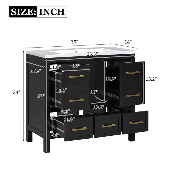 English Elm 36'' Bathroom Vanity with Resin Sink, Solid Wood Frame, 5 Drawers, Soft-Close Doors, Gold Knobs, Spacious Storage Black SW000142AAB-1