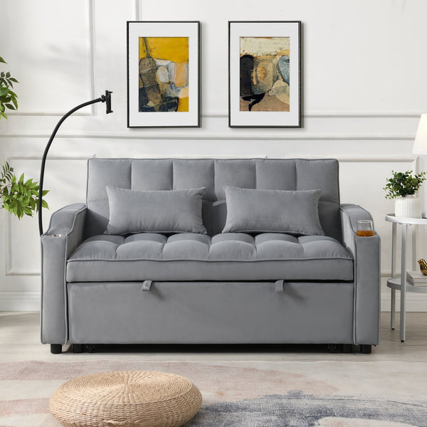 English Elm Modern Velvet Loveseat Futon Sofa with Pullout Bed, 3-in-1 Convertible Sleeper, USB Ports, Pockets Light Gray 46.85 L x 38.98 W x 16.14 H W2297P224268