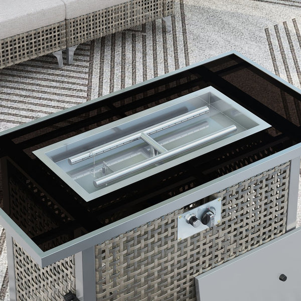 English Elm K&K 43" Propane Gas Fire Pit Table 60000 BTU Open Weave Wicker with Glass Wind Guard & Blue Stones Grey N707P210158G