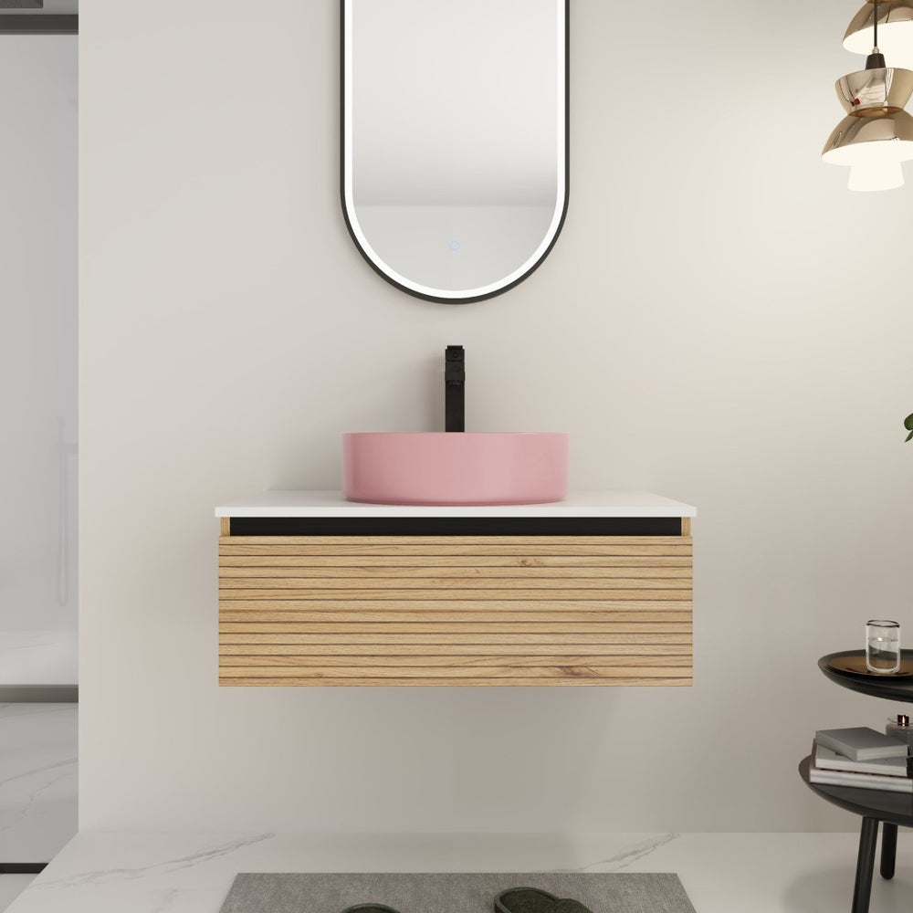 English Elm 30'' 30 Inch Floating Bathroom Vanity with Ceramic Vessel Sink and Soft Close Drawer W999S00361