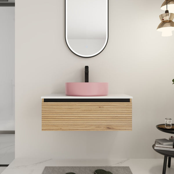 English Elm 30'' 30 Inch Floating Bathroom Vanity with Ceramic Vessel Sink and Soft Close Drawer W999S00361