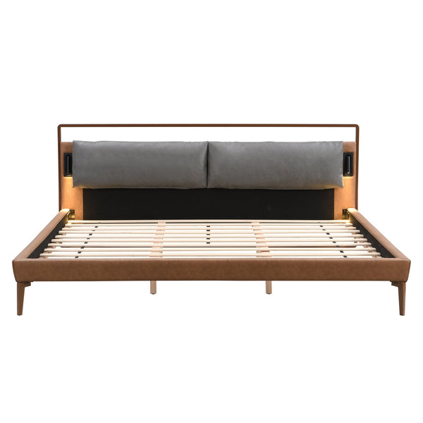 English Elm Christopher Knight Home® - Brown&Gray Leather King Bed With Adjustable Led Night Lights & Sturdy Support – Modern Elegance N758D536162D