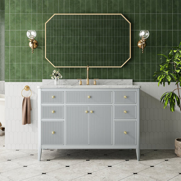 English Elm Fully Assembled 48" Grey Single Sink Bathroom Vanity with Solid Rubberwood, Carrara Top, Soft-Close Drawers W1826P308981