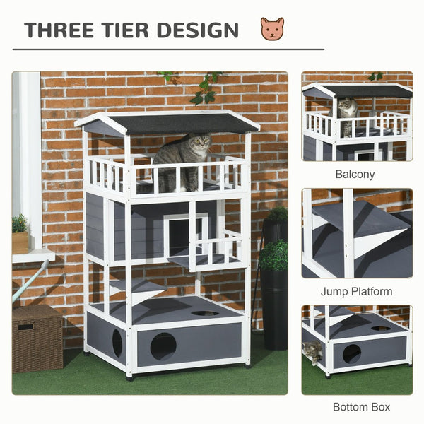 English Elm Pawhut Wooden Multi-Level Cat House - Cozy Outdoor Feral Shelter With Escape Doors & Roof, Grey W2225P217564-GIGA