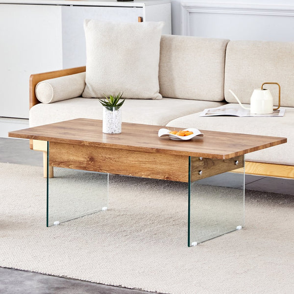 English Elm Multifunctional Lift Top Coffee Table with Tempered Glass Legs, Ergonomic Storage and Durable MDF Finish Natural Wood,Transparent W2920P226073
