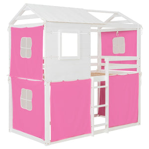 English Elm Twin Treehouse Bunk Bed Solid Pine Playhouse Frame with Cozy Canvas Tent Hideaway LT000379AAH-1