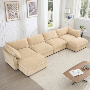 English Elm U Shape 4-Seater Modular Sofa With Movable Ottomans, Hidden Storage, & Plush Chenille In Wheat Color W3041S00181-GIGA