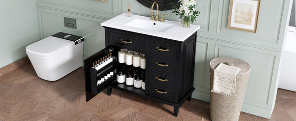 English Elm 36 Inch Bathroom Vanity With Ceramic Sink Top, Solid Wood Frame & Smart Storage Solutions For Style N725P336554B