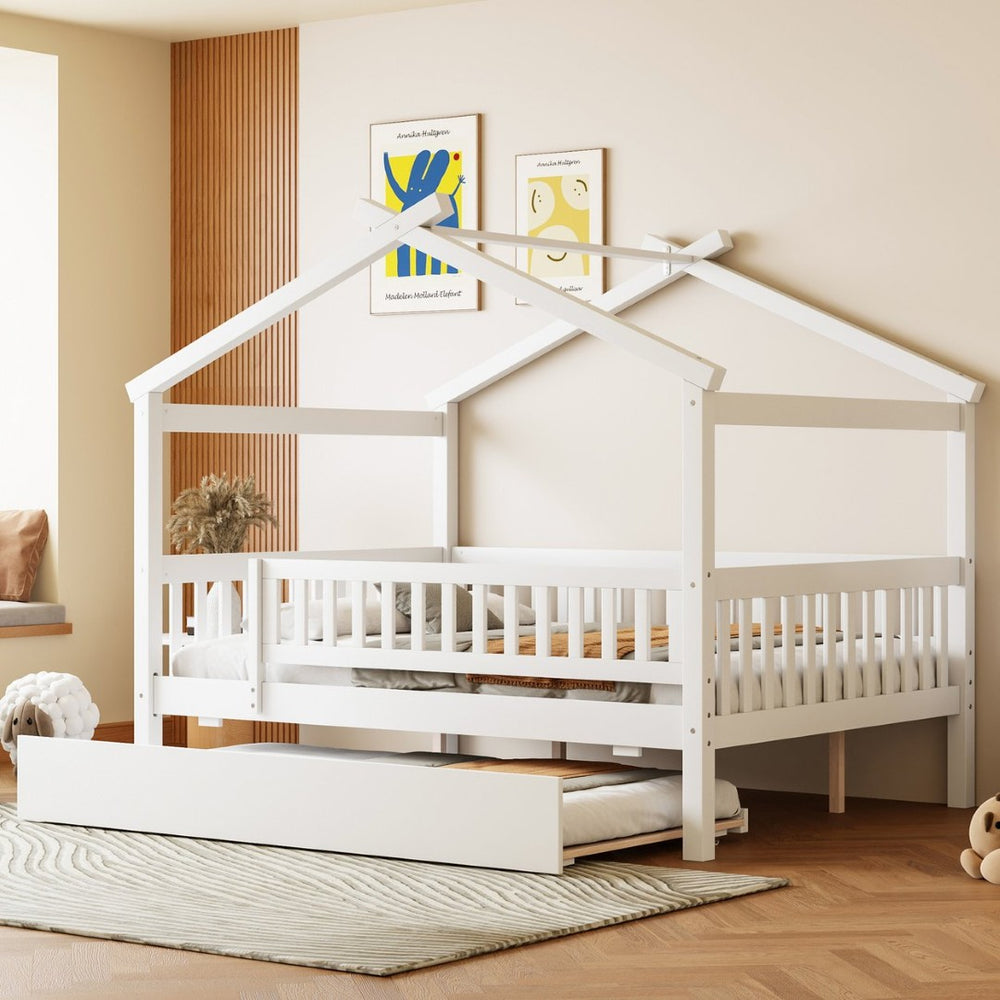 English Elm Full Size Pine House Bed with Roofline Frame and Roll Out Twin Trundle for Kids LP100306AAK