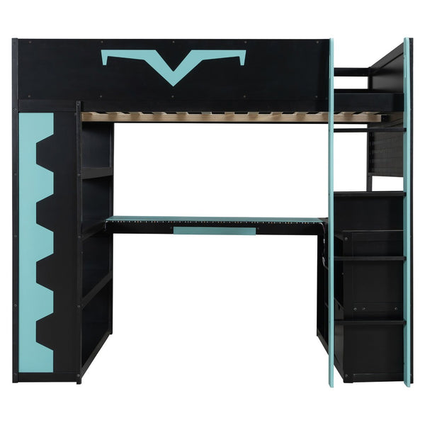 English Elm Full Size Gaming Loft Bed with Desk Rgb Lighting Power Outlet and Storage Drawer Blue LT000285AAC