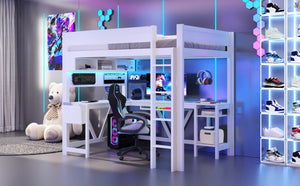English Elm Wood Full Size Gaming Loft Bed With Desk, Led Lights, Storage Shelves & Charging Station - White N7090004022K-GIGA