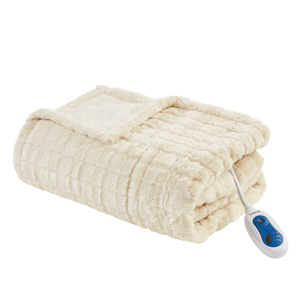 JLA Home Beautyrest - Oversized Plush Faux Fur Heated Throw with Secure Comfort, Low EMF, OEKO‑TEX, Machine Washable Ivory Texture BR54-4696