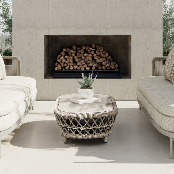 English Elm Jennifer Taylor Home - Everly 43.5" Oval Woven Patio Coffee Table in Light Beige Olefin — Reversible Glass/Stone Top, UV-Proof Rope B2719P318947