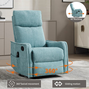English Elm Heat Massage Rocker Swivel Recliner Fabric Chair with Lumbar Therapy for Living Room Antique Blue Green W1803P362302