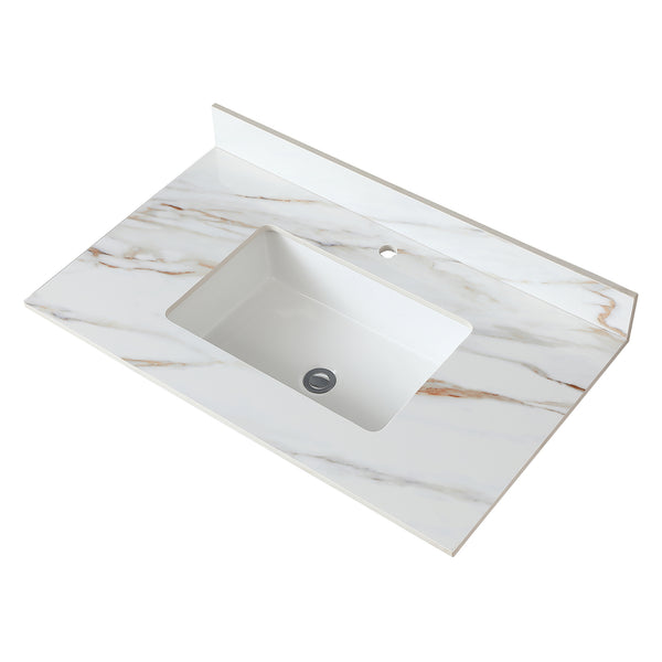 English Elm 37 Inch Marble Vanity Top - Elegant Carrara White With Undermount Sink & 4" Backsplash, Easy Install W2699P192441