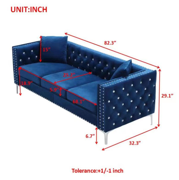 English Elm 82.3" Velvet Chesterfield Sofa Tufted Button Jeweled Nailhead Trim Chrome Legs Living Room W1117S00371