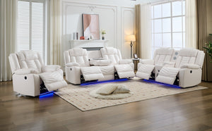English Elm Ms 3 Piece Technical Leather Reclining Sofa Set with Led Lighting and Wireless Charging White W1805S00163