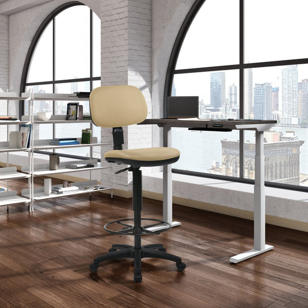 OSP Home Furnishings Sculptured Ergonomic Drafting Chair with Vinyl Upholstery for Studio and Lab Workspaces Dillon Buff DC517V-R104