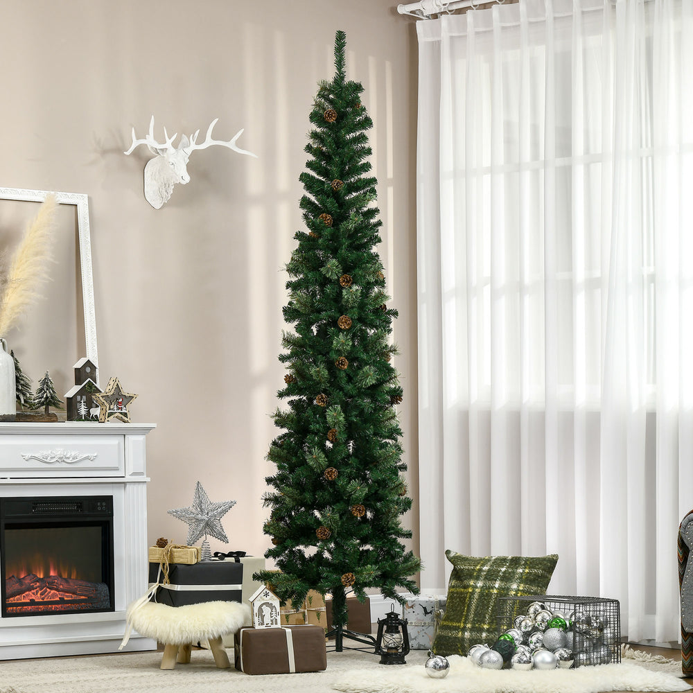 English Elm Homcom 7.5 Foot Slim Pencil Artificial Christmas Tree With Realistic Pine Needles & Pine Cones W2225P229162