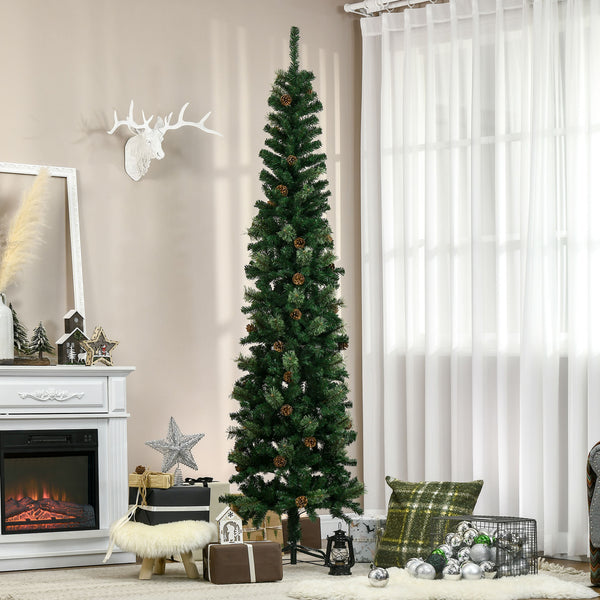 English Elm Homcom 7.5 Foot Slim Pencil Artificial Christmas Tree With Realistic Pine Needles & Pine Cones W2225P229162