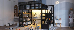 English Elm Full Metal Loft Bed with Stair Storage Rgb Lighting and Charging Station for Teens Black W2580S00074