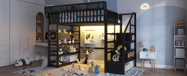 English Elm Full Metal Loft Bed with Stair Storage Rgb Lighting and Charging Station for Teens Black W2580S00074