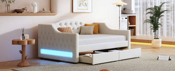 English Elm Upholstered Twin XL Daybed with LED Belt and Two Underbed Drawers, Linen Backrest, Modern Storage Elegance Beige DL002060AAA