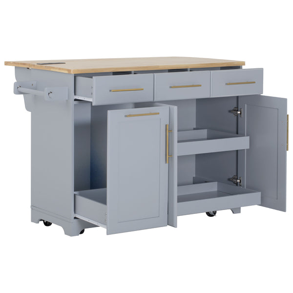 English Elm K&K Vintage Kitchen Island with Rubberwood Top, Hidden Wheels, Pull-Out Trash & Charging Station Grey+Blue N707P299014G