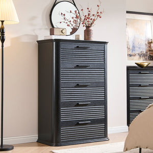 English Elm 6 Drawer Tall Fluted Chest with Waveform Fronts Slim Wooden Storage for Modern Bedroom Black Woodgrain T5326P425091