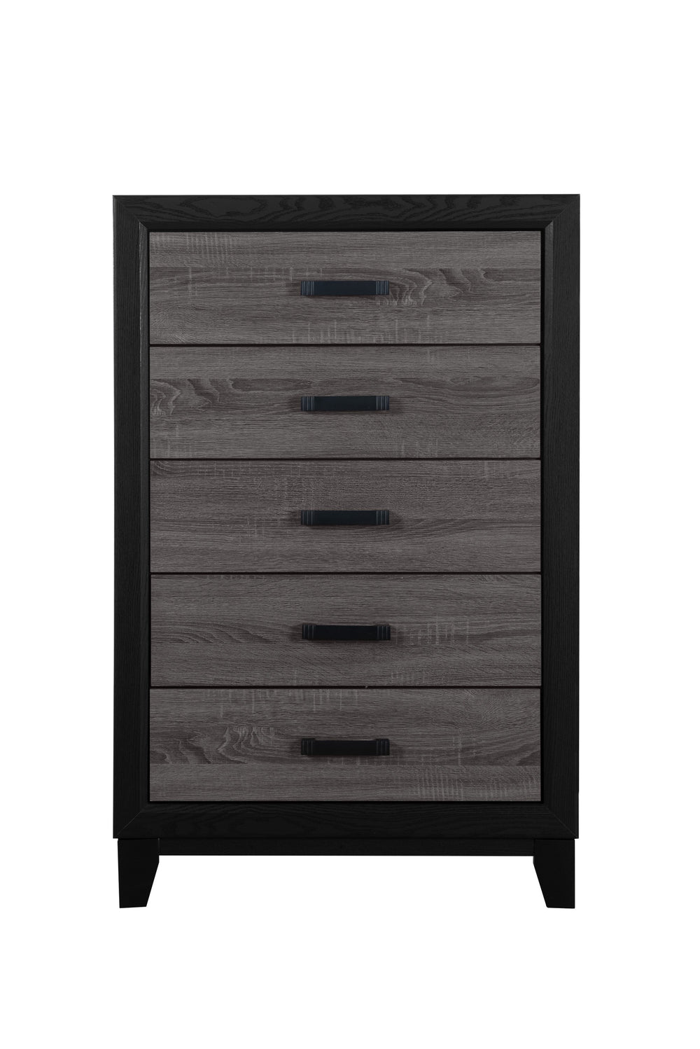 English Elm SOLUTO Five-Drawer Chest in Two-Tone Grey and Black Finish — Urban Farmhouse Solid Wood Design Black+ Gray 34.65 L x 19.69 W x 48.82 H B201P226195